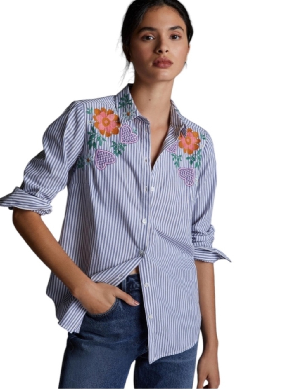 anthropologie Maeve Striped Button-Down Shirt with Floral Embroidery casual
